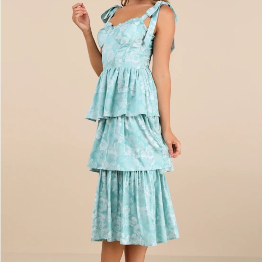 Lulus | Lovely Bliss Aqua Floral Jacquard Strapless Bustier Midi Dress Blue - Picture 7 of 10